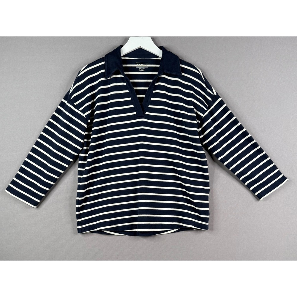 LL Bean Heritage Mariner Top Womens S Splitneck Polo 3/4 Sleeve Navy Stripe